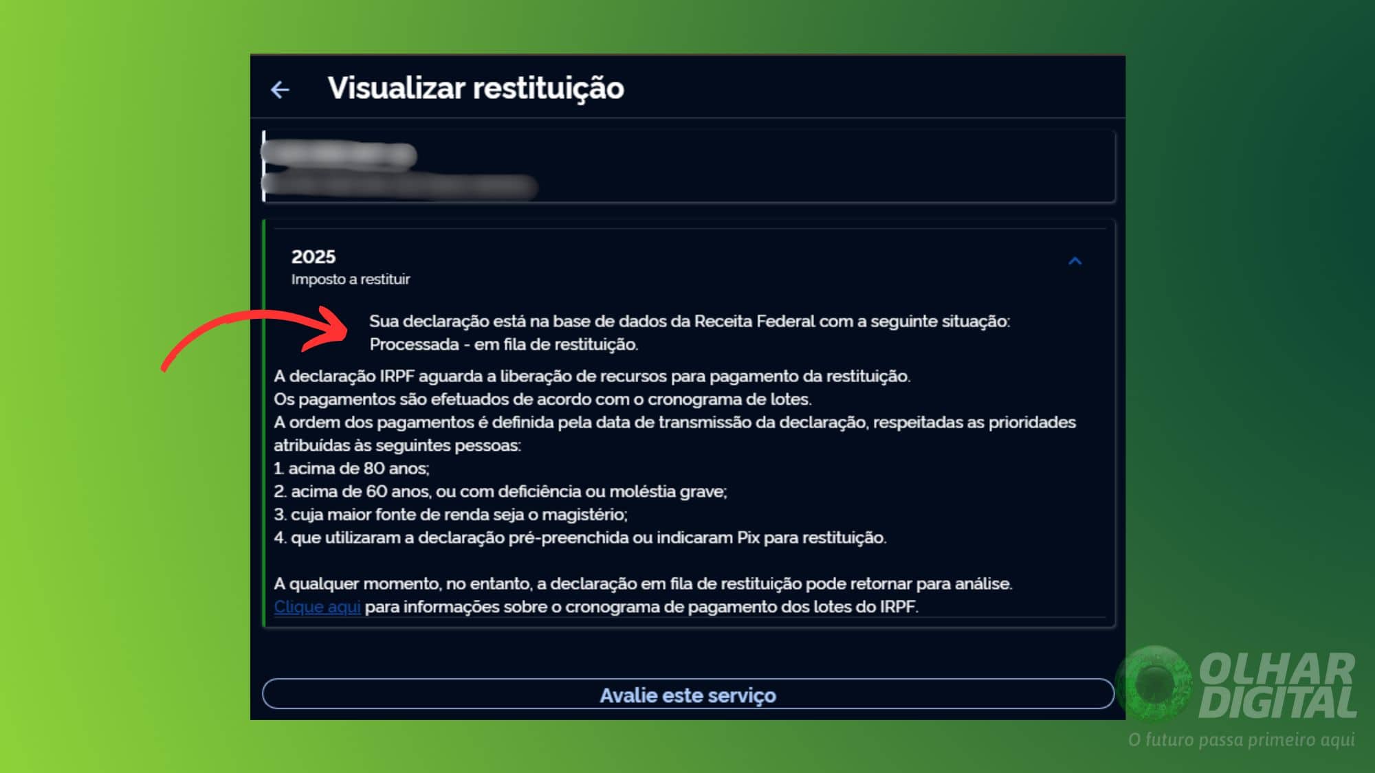 Como consultar a restituição do IRPF 2025 pelo computador - Passo 2